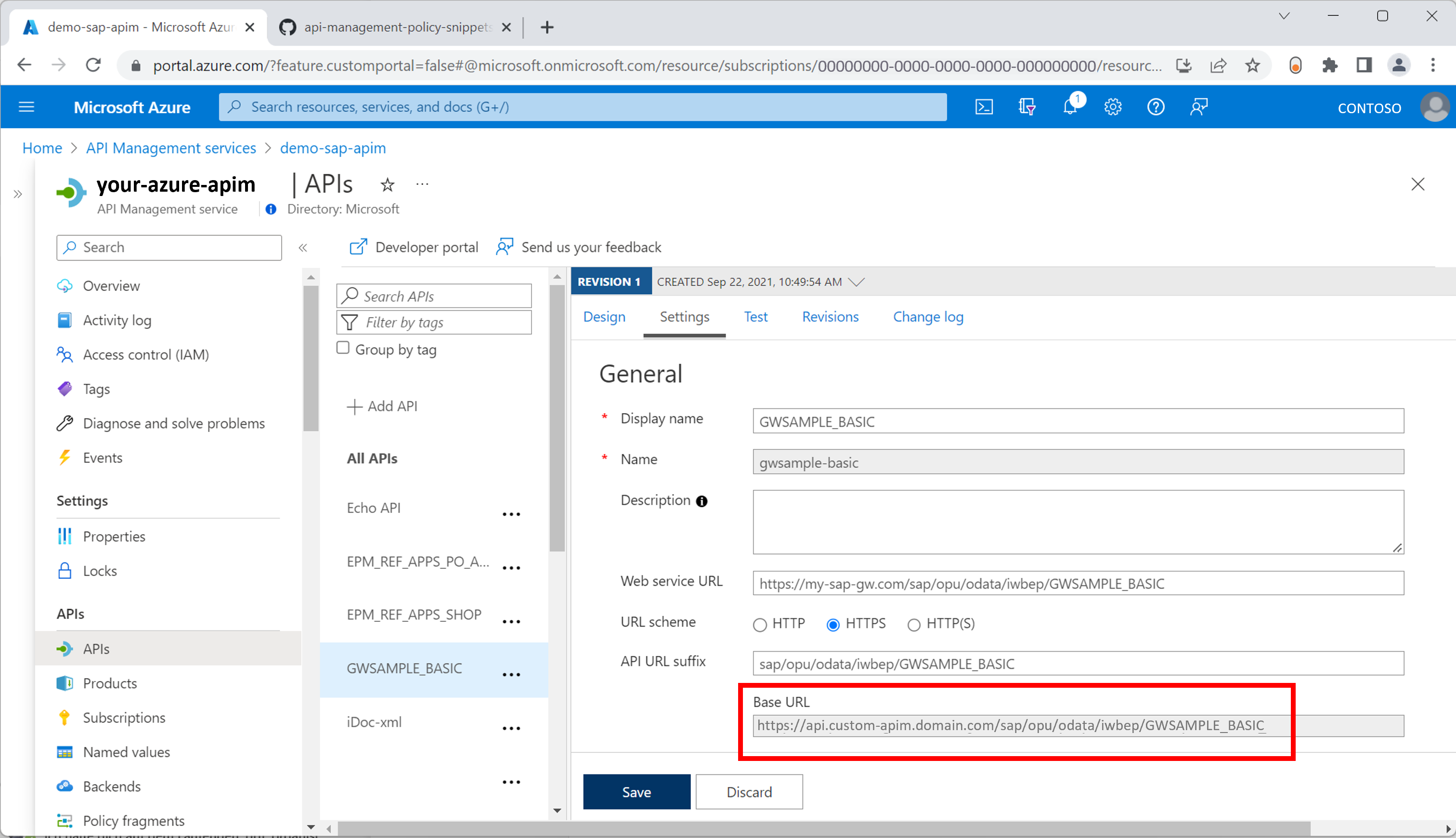 Azure API Management 내에서 OData URL을 검색하는 방법을 보여 주는 스크린샷