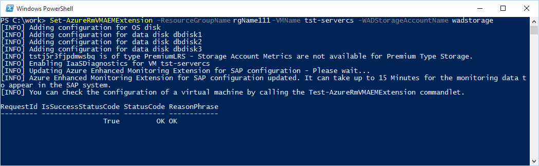 SAP 관련 Azure cmdlet Set-AzVMAEMExtension의 성공적인 실행