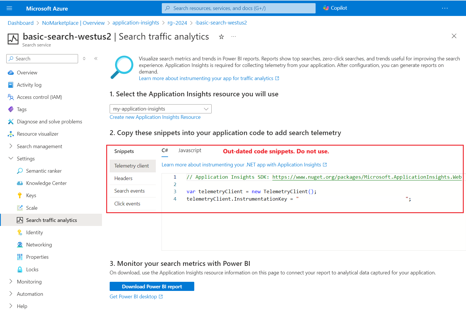 Application Insights를 설정하기 위한 Azure Portal 명령 및 페이지의 스크린샷.