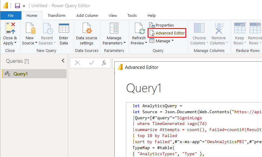 Power BI 고급 편집기에 붙여넣은 M 쿼리를 보여 주는 스크린샷.