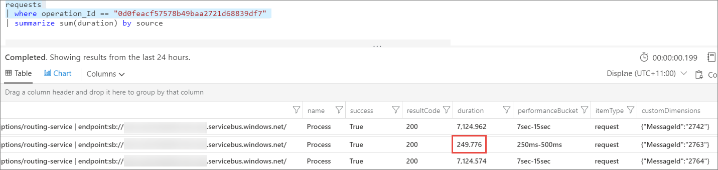 시간이 더 오래 걸리는 Application Insights 로그