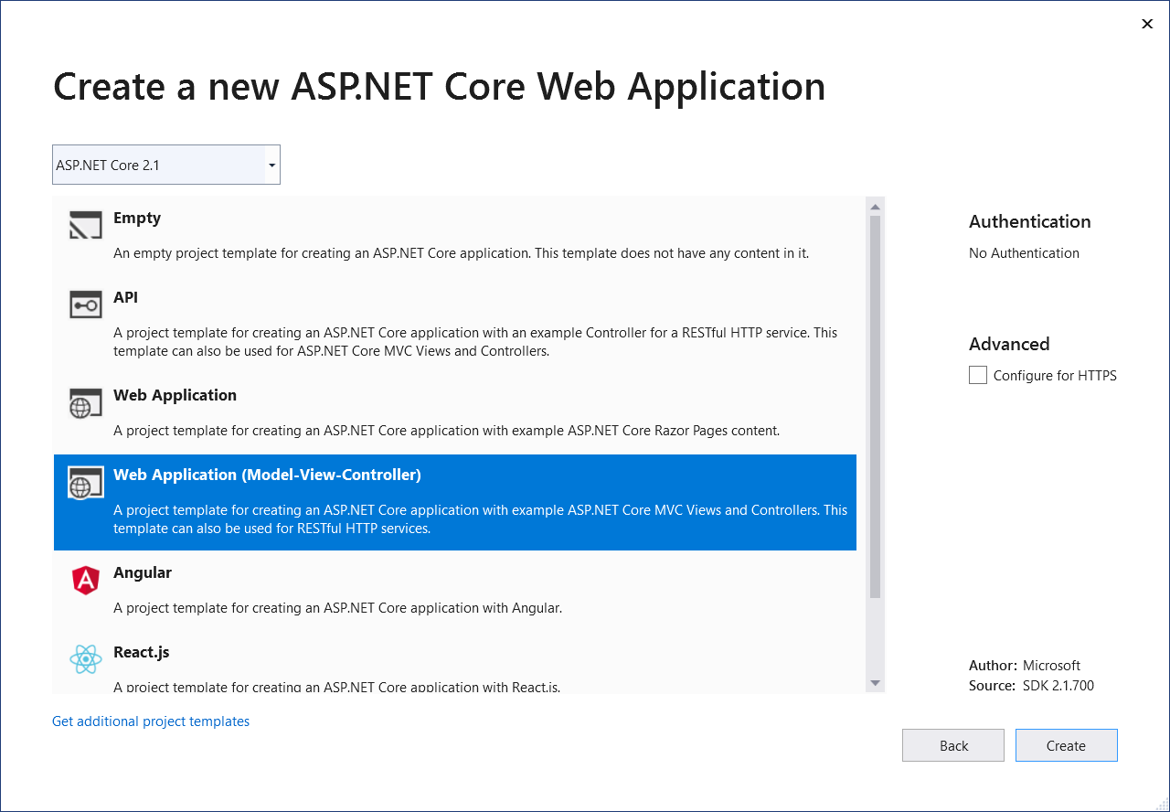 ASP.NET 프로젝트 유형을 선택하는 것을 보여 주는 스크린샷.