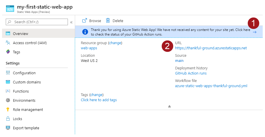 Azure Static Web Apps 개요 창의 스크린샷.