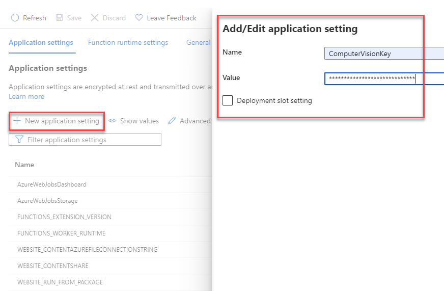 Azure Function에 새 애플리케이션 설정을 추가하는 방법을 보여 주는 스크린샷