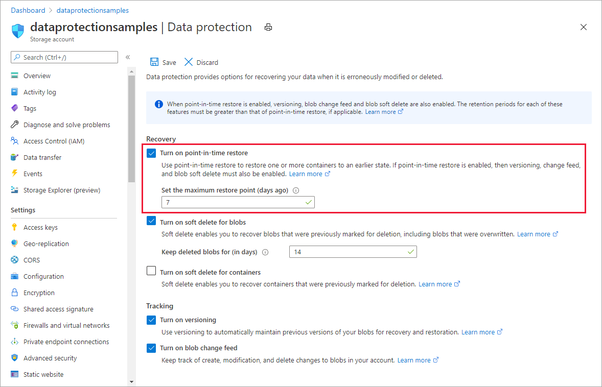 Azure Portal에서 특정 시점 복원을 구성하는 방법을 보여 주는 스크린샷