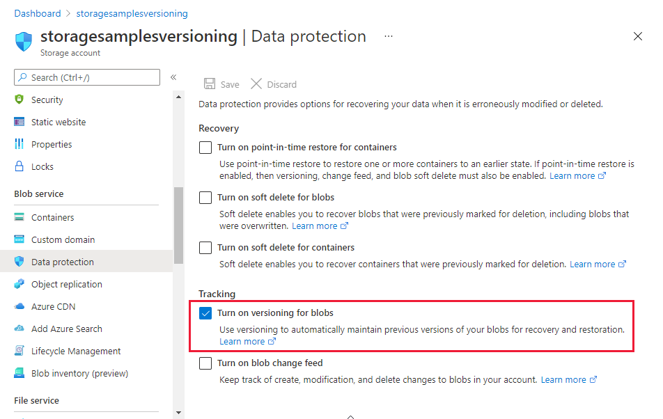 Azure Portal에서 Blob 버전 관리 사용 방법을 보여 주는 스크린샷