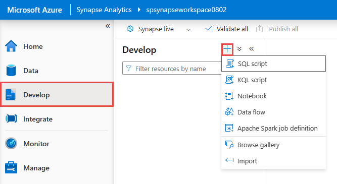 새 SQL 스크립트 메뉴가 선택된 개발 페이지를 보여 주는 스크린샷.