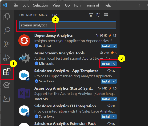 Stream Analytics 확장을 설치하는 옵션이 있는 Visual Studio Code의 확장 페이지를 보여 주는 스크린샷