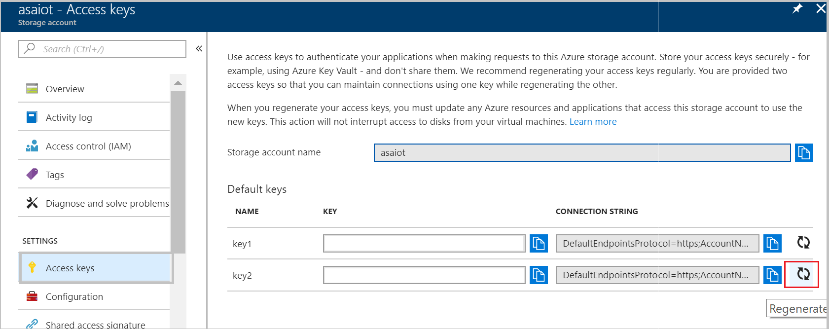 Regenerate keys for storage account