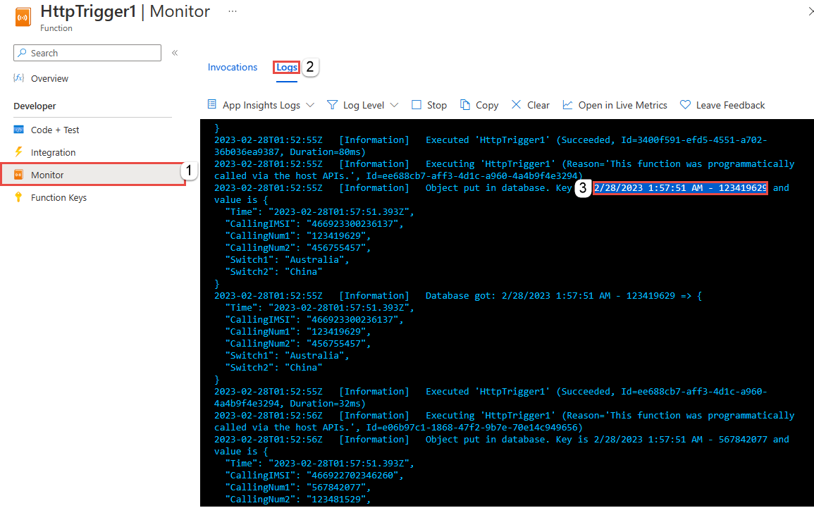 Azure 함수에 대한 로그 모니터링 페이지를 보여 주는 스크린샷 