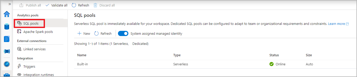 A screenshot of the Synapse Studio management hub with SQL pools navigation selected.