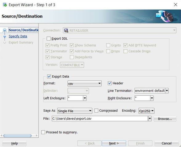 SQL Developer 내보내기 마법사 UI 스크린샷