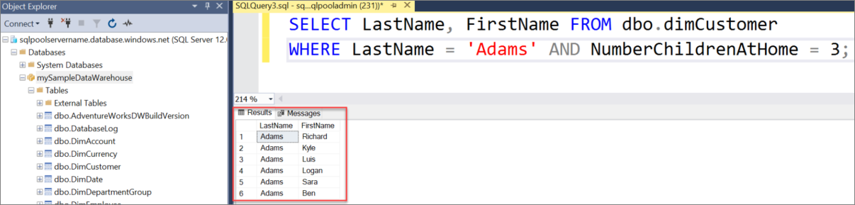 SSMS(SQL Server Management Studio) 쿼리 창의 스크린샷. dbo.dimCustomer를 쿼리합니다.