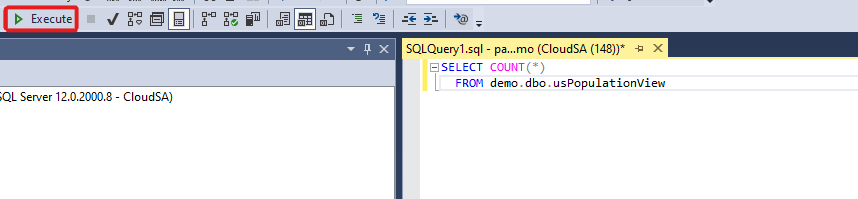 서버리스 SQL 풀에 대한 쿼리를 실행하는 실행 단추의 스크린샷