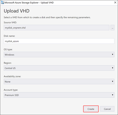 Azure Storage Explorer의 VHD 업로드 대화 상자 스크린샷