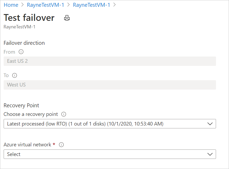 테스트 장애 조치(failover) 옵션을 설정하는 페이지입니다.