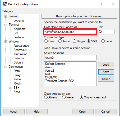 PuTTY 구성 대화 상자를 표시하고 호스트 이름(또는 IP 주소) 필드를 강조 표시하는 스크린샷