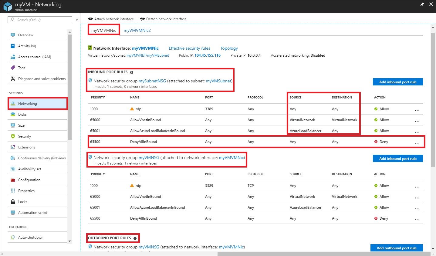 사용자의 V M V M Nic에 대한 네트워킹 설정 Azure Portal을 보여 주는 스크린샷.