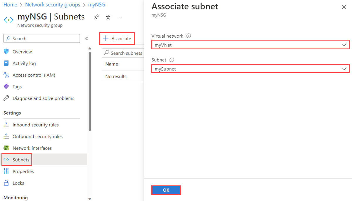 Azure Portal에서 서브넷에 대한 네트워크 보안 그룹 연결을 보여 주는 스크린샷.