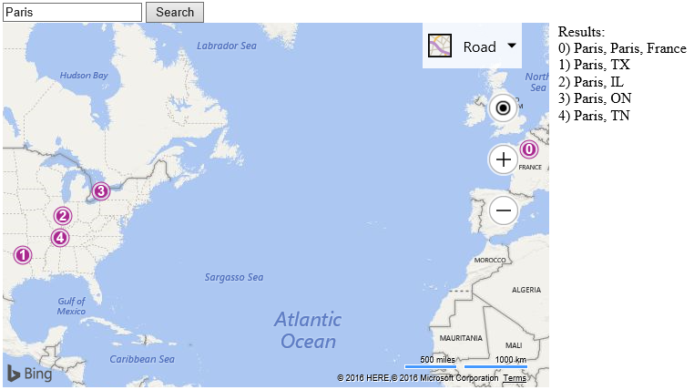 Screenshot of the Bing map showing the results of a search for locations named Paris with each pushpin correlating to a list item.