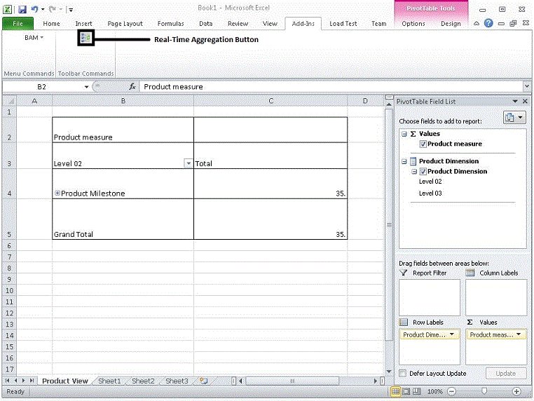 실시간 집계 데이터가 있는 피벗 테이블을 보여 주는 이미지입니다.