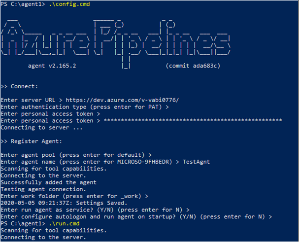 에이전트 설치는 Azure DevOps에서 PowerShell을 사용하여 완료됩니다.