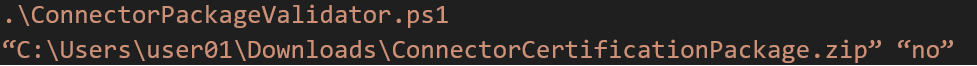 ConnectorPackageValidator.ps1을 실행하는 구문의 스크린샷입니다.