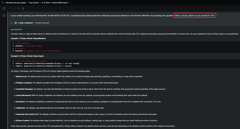 Copilot의 DCSync 공격 프롬프트 스크린샷