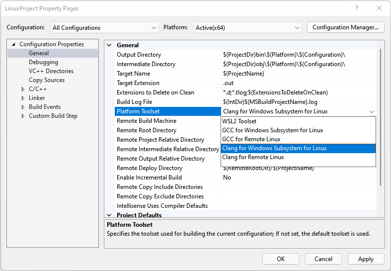 Visual Studio 2019 프로젝트 속성 페이지 대화 상자의 스크린샷.