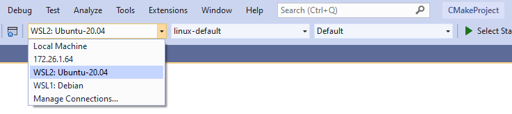 Visual Studio 대상 시스템 드롭다운의 스크린샷. WSL2: Ubuntu-20.04가 선택되어 있습니다.