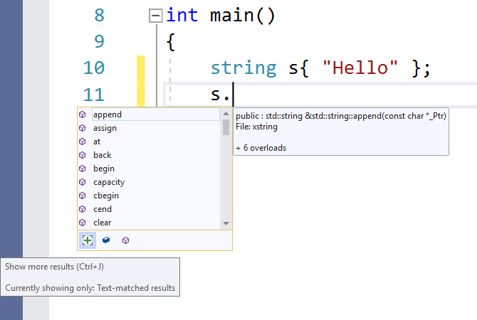 추가, 할당 등과 같은 문자열에 사용할 수 있는 메서드를 보여 주는 C++ 멤버 목록 드롭다운의 스크린샷.