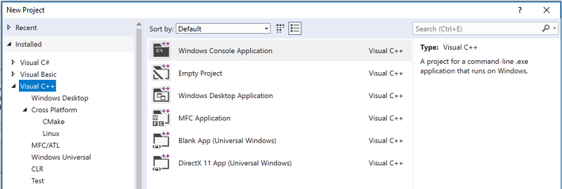 Windows 콘솔 애플리케이션과 같은 C++에 사용할 수 있는 프로젝트 템플릿을 보여 주는 새 프로젝트 대화 상자의 스크린샷