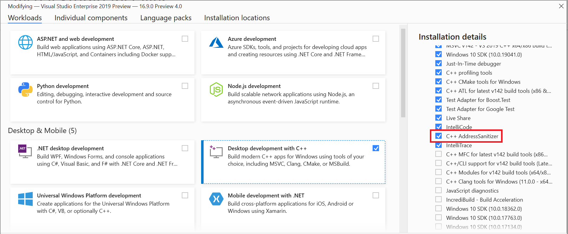 Visual Studio 설치 관리자 스크린샷 선택적 섹션 아래에 있는 C++ AddressSanitizer 구성 요소가 강조 표시됩니다.