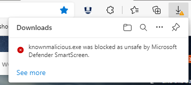 SmartScreen이 안전하지 않은 평판으로 파일 다운로드를 검색하는 방법을 보여 주는 스크린샷 다운로드가 차단됩니다.