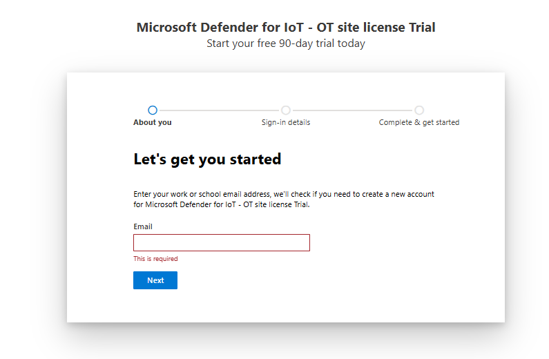 IoT용 Microsoft Defender 평가판 라이선스를 시작하고 설정하는 스크린샷