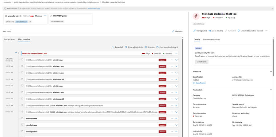 Microsoft Defender 포털의 인시던트 내 경고 세부 정보입니다.