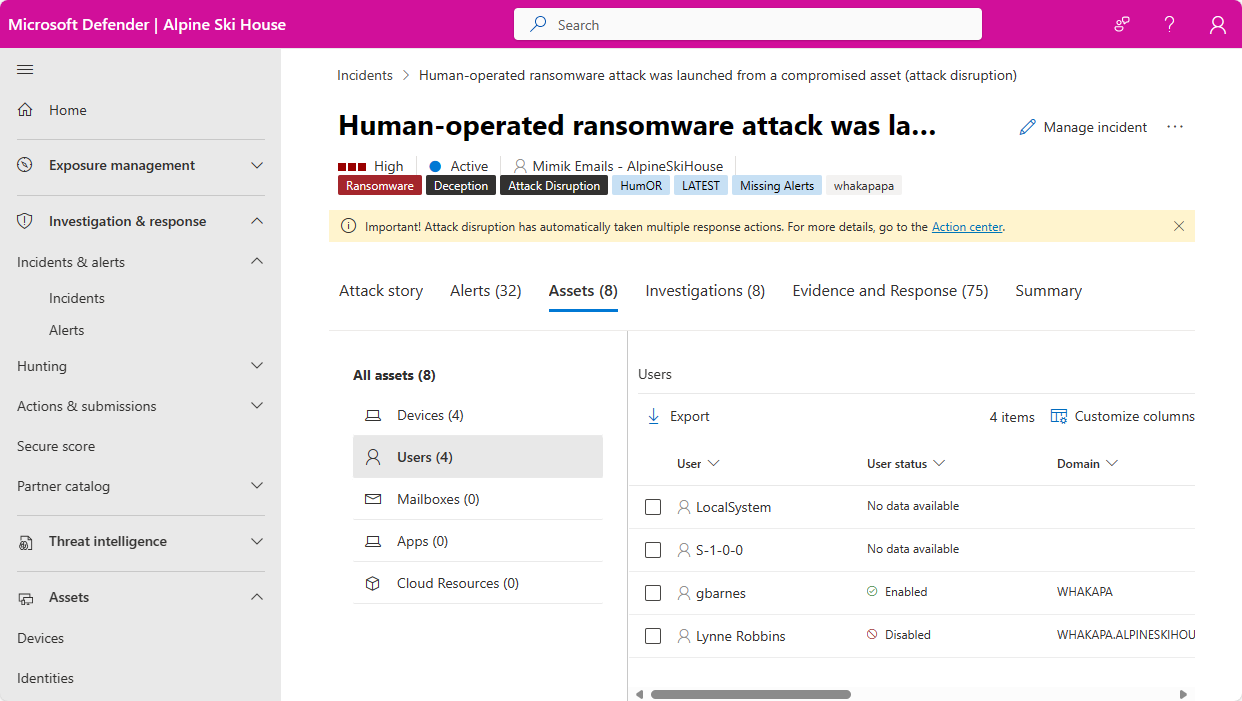 Microsoft Defender 포털의 인시던트에 대한 사용자 페이지의 스크린샷.