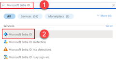 Azure Portal에서 상단 검색 창을 사용하여 Microsoft Entra ID 페이지를 검색하고 탐색하는 방법을 보여 주는 스크린샷.