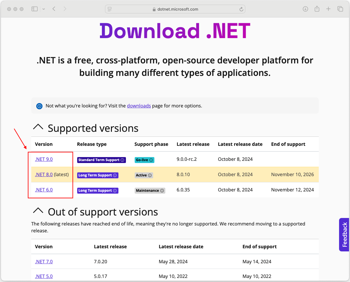 .NET 다운로드 웹 사이트입니다. 버전 6.0~9.0이 나열되어 있습니다. 빨간색 상자는 해당 다운로드 링크를 강조 표시합니다.