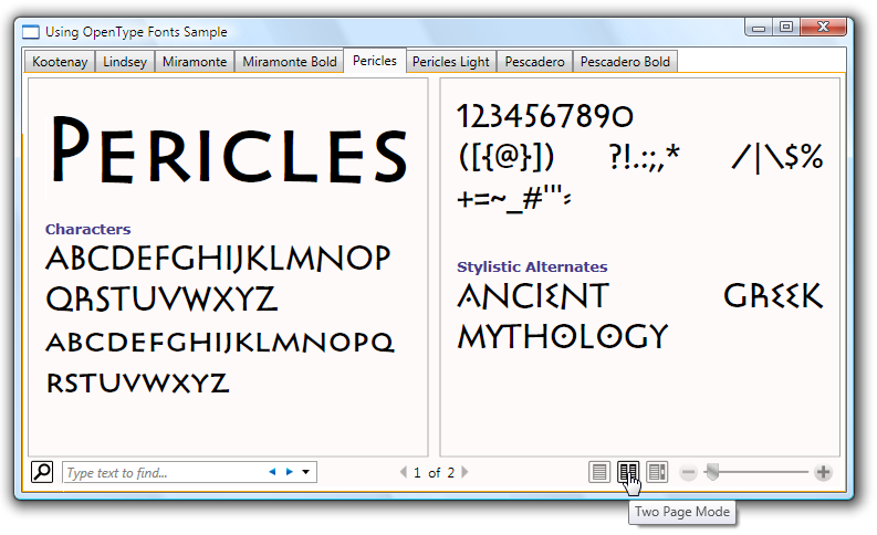 OpenType 글꼴을 보여주는 스크린샷.