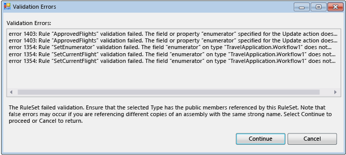 Screenshot showing the Validation Errors dialog.