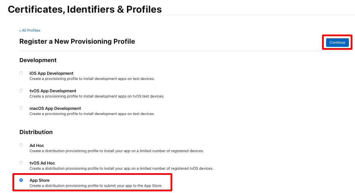 앱 스토어 배포에 대한 프로비저닝 프로필을 등록합니다.
