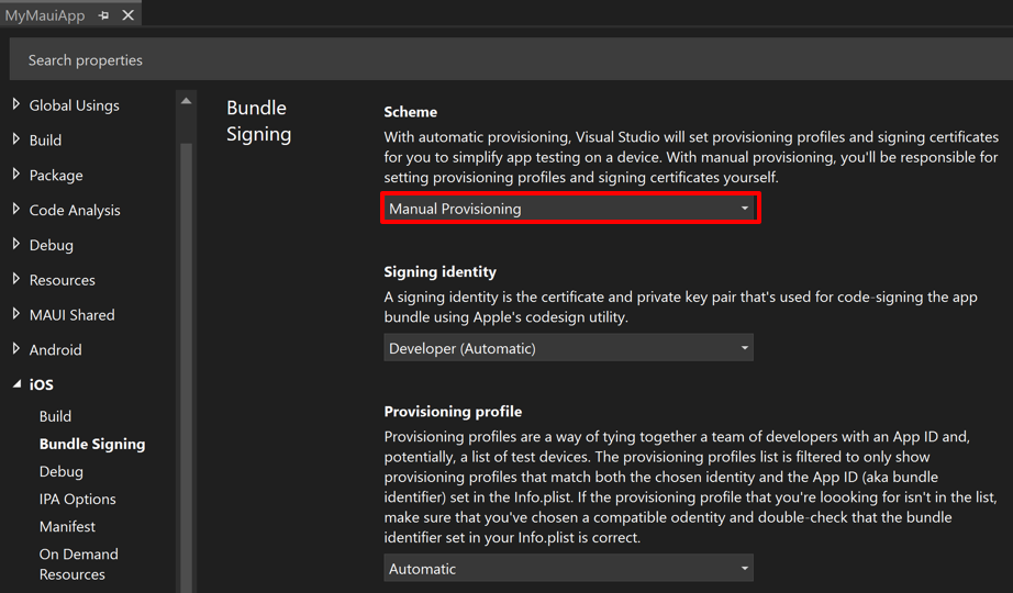 Visual Studio의 iOS용 번들 서명 탭 스크린샷