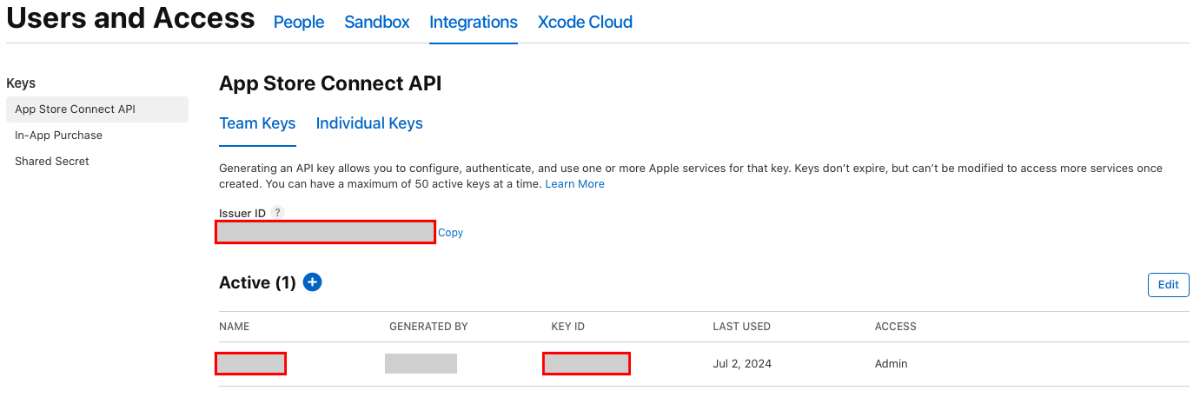 Apple App Store Connect API 세부 정보의 스크린샷