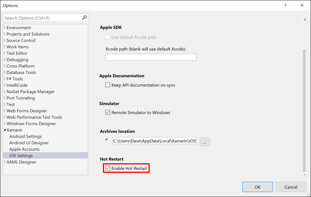 Visual Studio 내에서 핫 다시 시작을 사용하도록 설정하는 방법의 스크린샷.