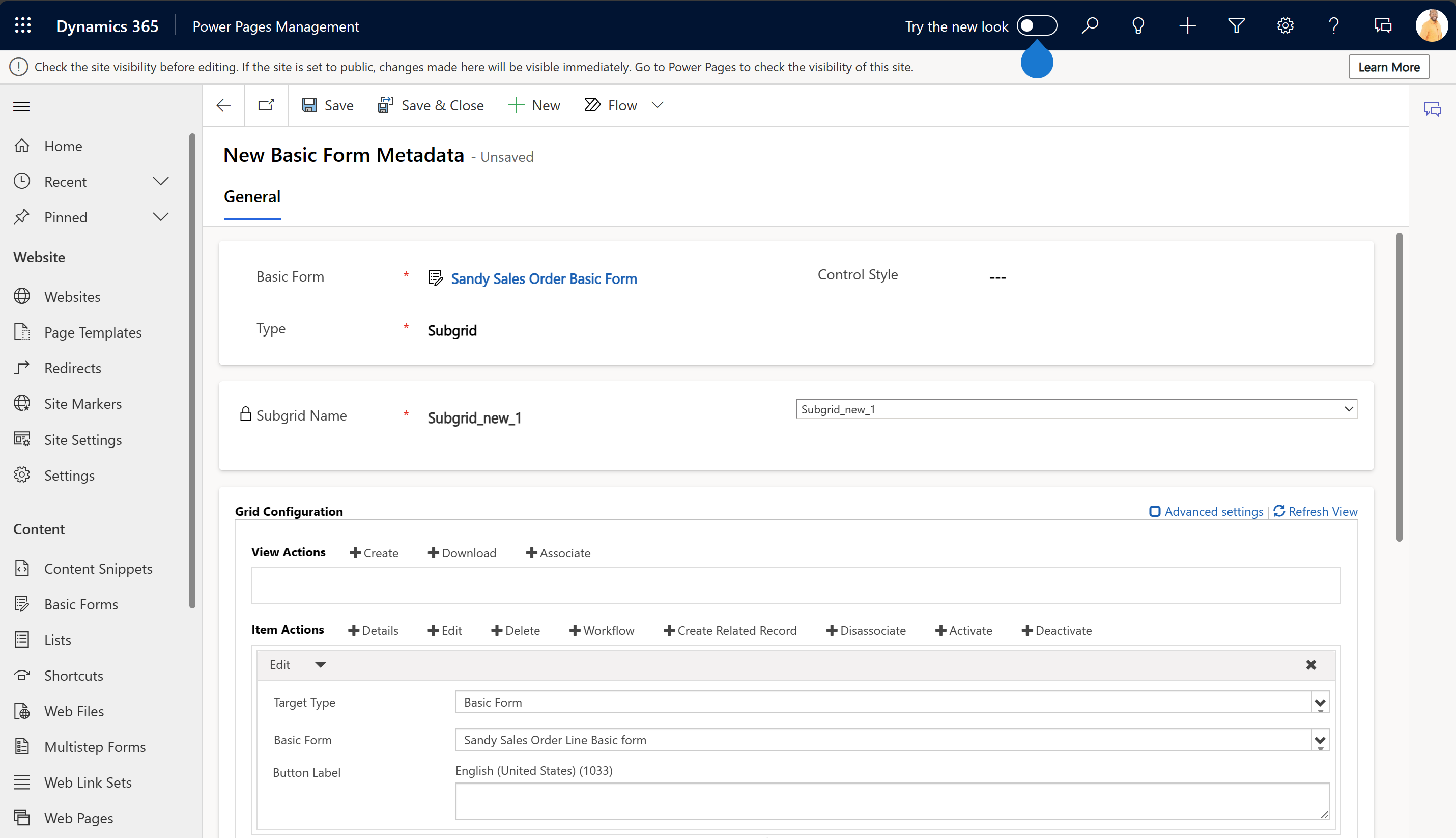 Screenshot of adding an editable subgrid in Power Pages Management portal