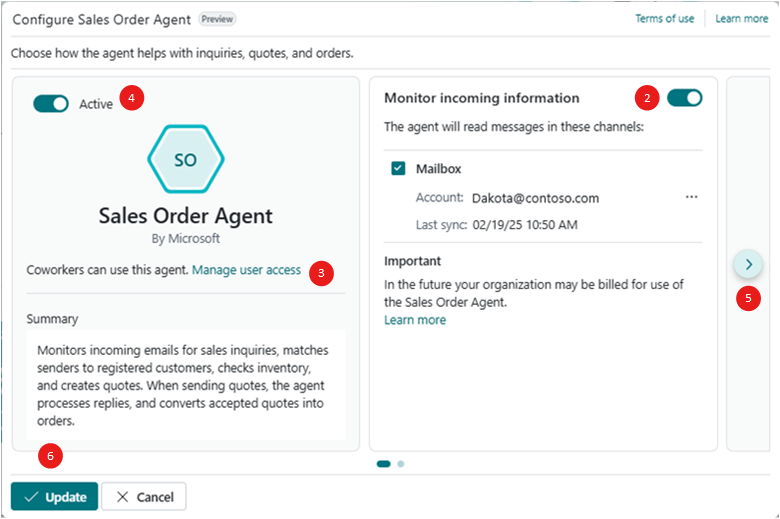 Shows the Sales Order Agent configuration page