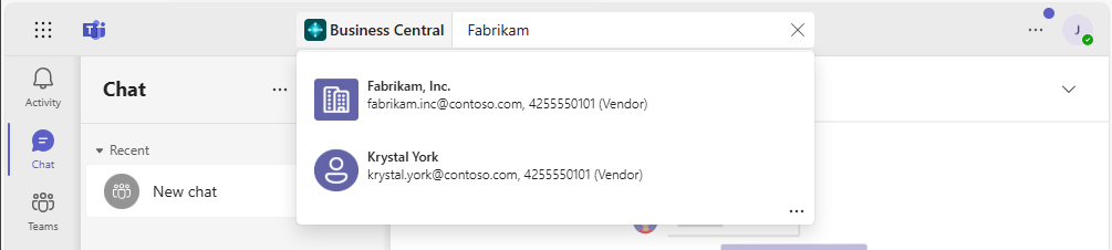 Search Business Central contacts from command box in Teams.