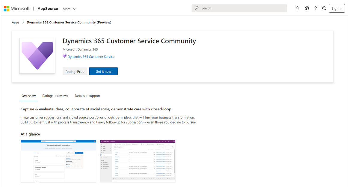 Microsoft AppSource Dynamics 365 Customer Service Community 다운로드 페이지.