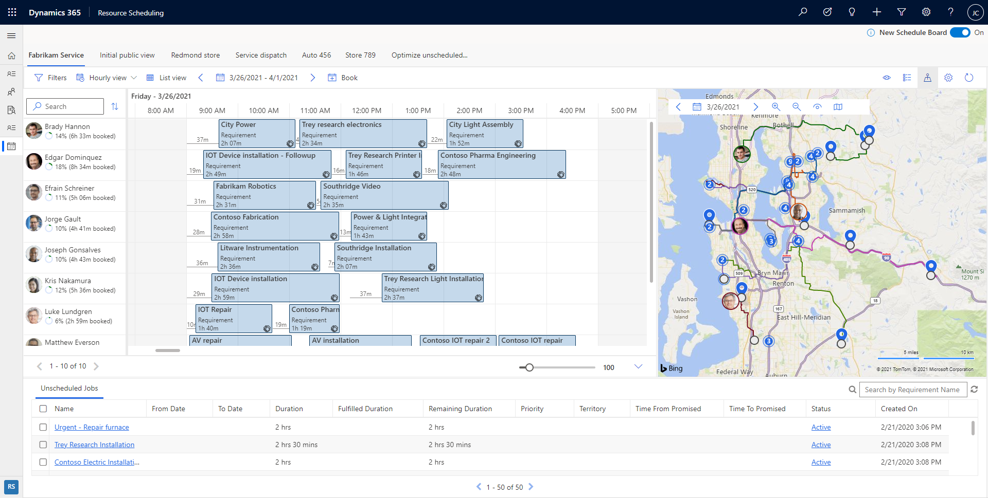 리소스 및 요구 사항을 보여주는 Dynamics 365의 새로운 일정 게시판 스크린샷입니다.